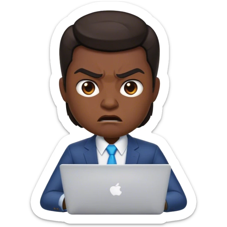 memoji of a realtor with a laptop in front, ,modern,dark hair, angry sticker