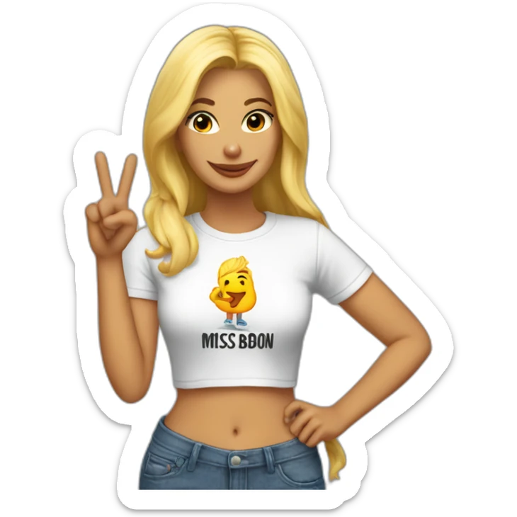 A blonde making the peace sign and wearing a t-shirt with the text "Miss Bourbon" sticker