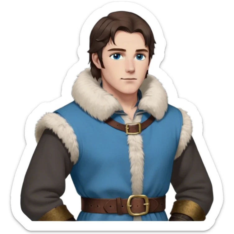 Medieval winter outfit worn by a DnD themed fantasy male character. Thick charcoal wool tunic with fur-lined collar and cuffs, layered over a thermal linen undershirt, secured with a wide leather belt with brass fittings. Clothes only above the waist, full waist coverage. The character has no arms. Character is white-skinned with dark chestnut hair, ice-blue eyes, and shoulder-length straight hair partially tucked into the fur collar. sticker