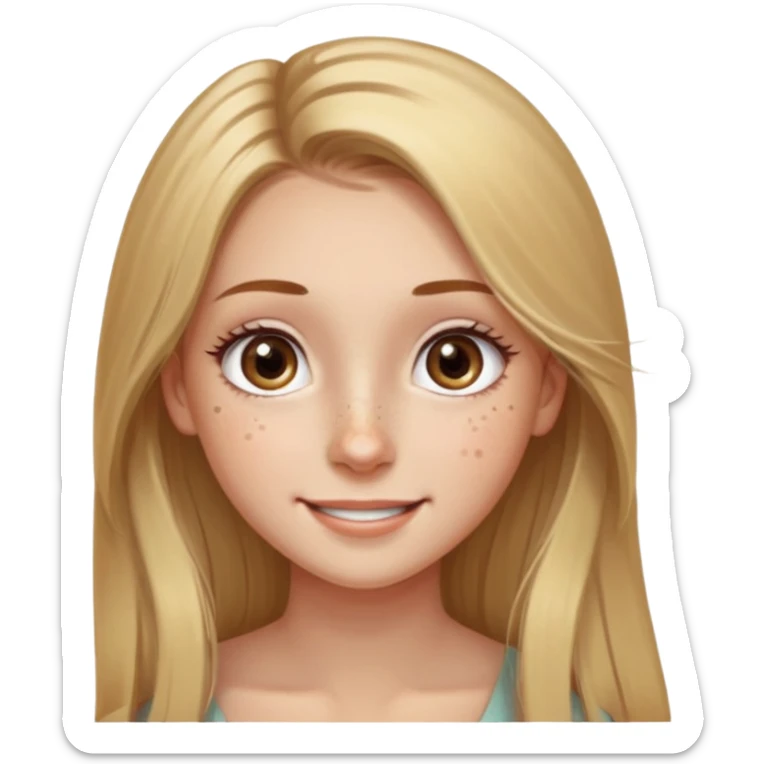Girl with pretty long light hair and light brown eyes smiling with a few freckles and beauty mark by her check and by her eye on the other side and very long eyelashes and big wide ish eyes  sticker