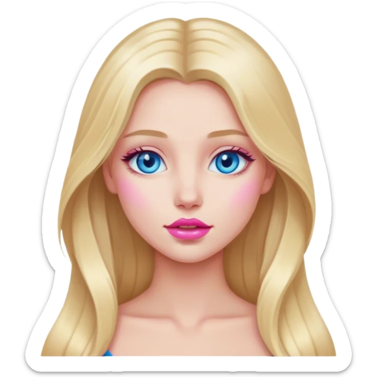 A beautiful blonde girl with long hair, blue eyes, pink lips is touched sticker