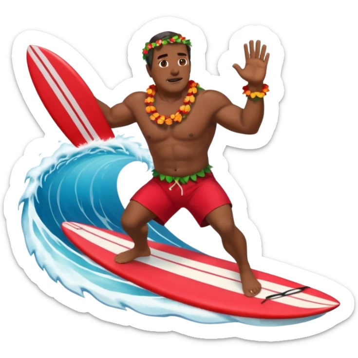 Dark Muscular 50 year old Hawaiian man with red shorts and a shell lei surfing a big wave sticker