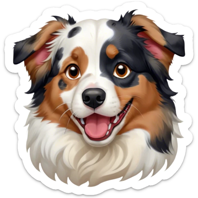 Cinematic Cute Yawning Calico Australian Shepherd Portrait Emoji, Head tilted slightly with a dramatic, wide-open yawn, predominantly white coat with vibrant black, tan, and red calico merle patches, floppy ears slightly drooping, round blue eyes barely open in drowsy contentment, Simplified yet irresistibly adorable features, highly detailed, glowing with a soft, cozy glow, high shine, relaxed yet expressive, stylized with a touch of whimsy, bright and endearing, soft glowing outline, capturing the essence of a sleepy yet affectionate pup, so drowsy it feels like it could stretch right out of the screen and curl up for a nap! sticker