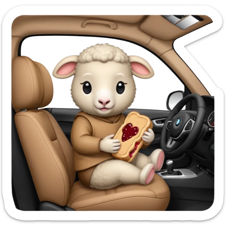 cute baby sheep eating peanut butter and jelly driving in a bmw x1, holding a peanut butter and jelly in hand sticker