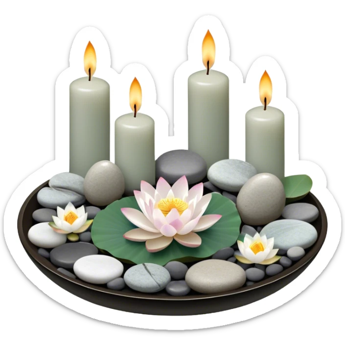A photorealistic icon featuring lotus flowers, burning incense sticks with smoke rising, smooth round sea stones, and multiple small round candles arranged in a calming, tranquil setting. Soft, peaceful colors with detailed textures that evoke mindfulness and inner peace. Transparent background sticker