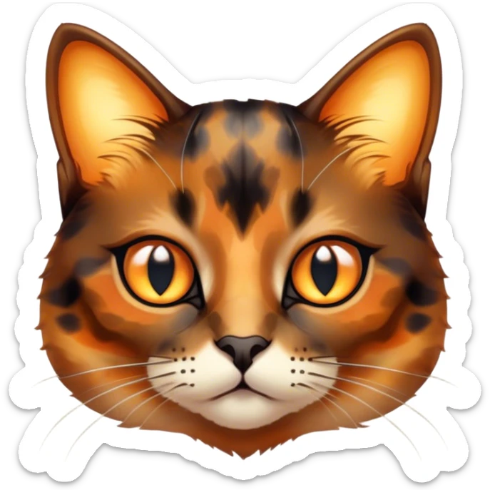 Cinematic Cute Tortoiseshell Cat Portrait Emoji, Head cocked sweetly with bright, curious eyes and a cuddly, mottled fur of rich browns and blacks, simplified yet charmingly adorable, highly detailed, glowing with a warm, gentle radiance, high shine, playful and endearing, styled with a dash of whimsical feline magic, soft glowing outline, capturing the essence of a cute tortoiseshell cat that seems ready to pounce with affectionate mischief! sticker