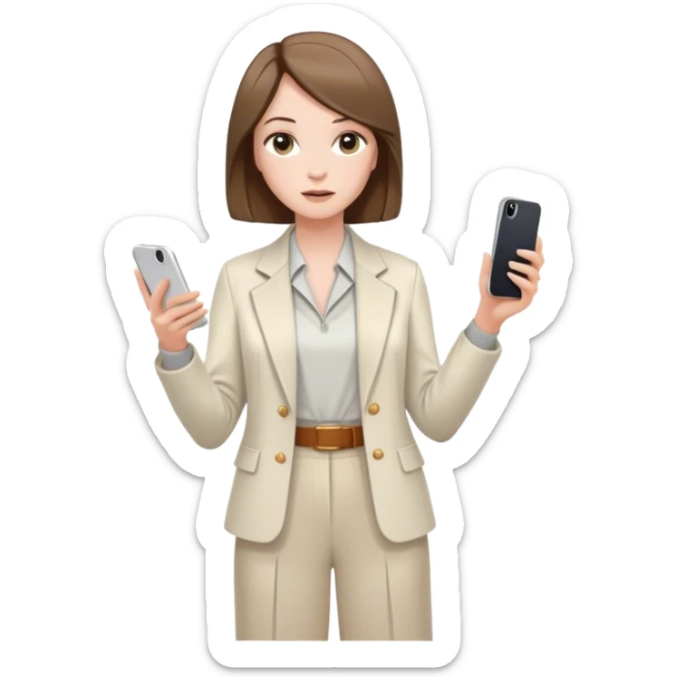 pale skin woman with brown Straightened bob Hair, White Spacious classical jacket, beige palazzo Arrow pants and gray blouse holding white IPhone 14 pro in the hands sticker