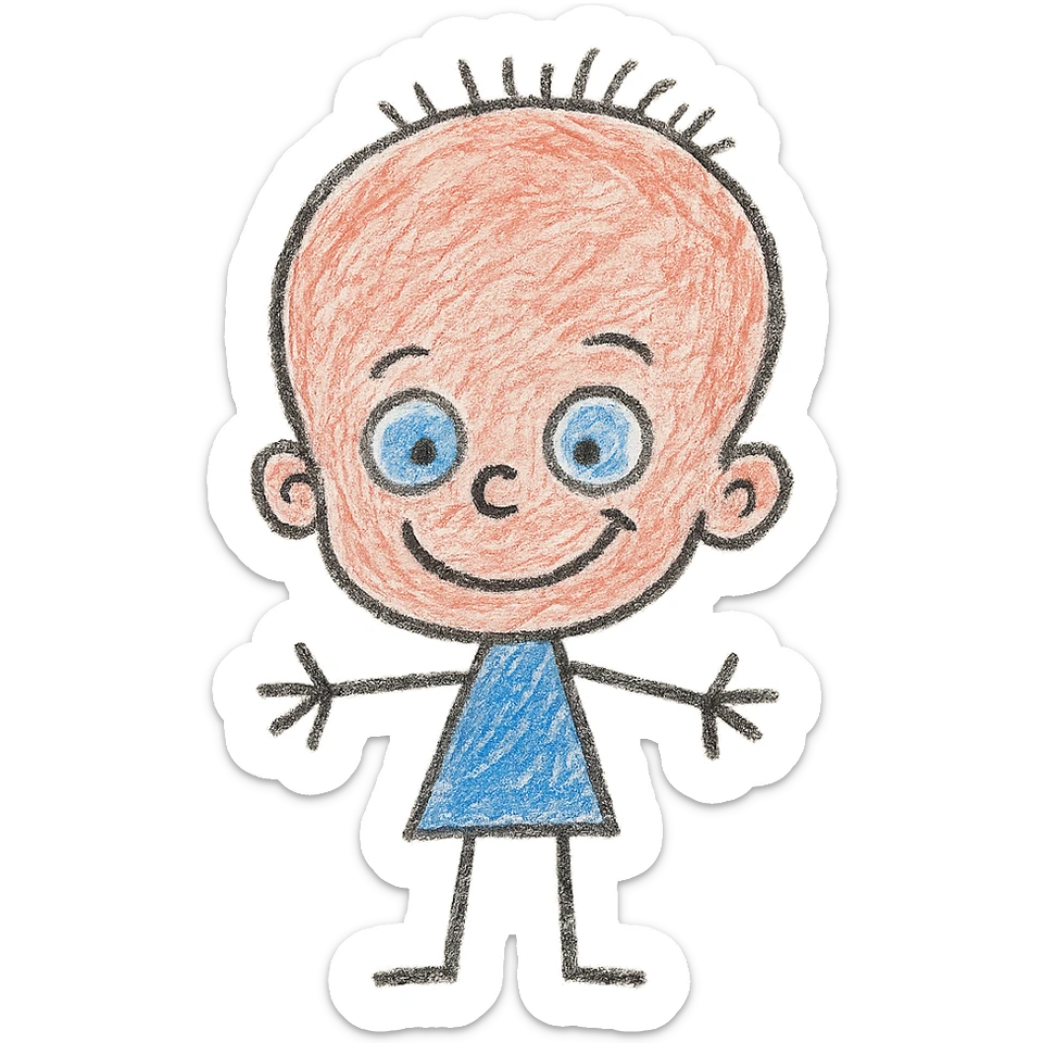 guy with a big forehead, playful illustration, hand drawn children's illustration style sticker