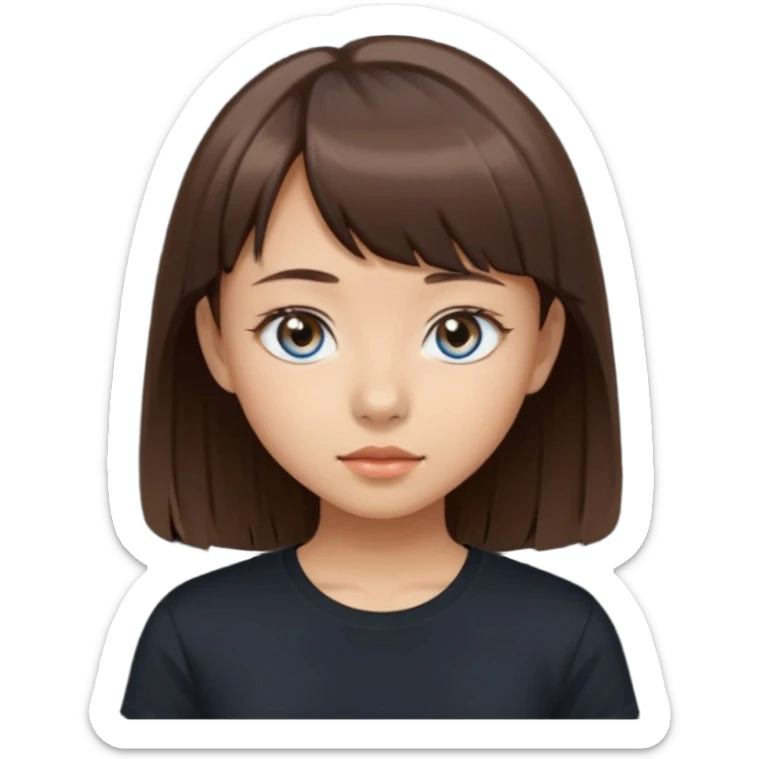 a girl with narrow Asian blue eyes, brown hair, and a small bang below her shoulders, wearing a black T-shirt sticker