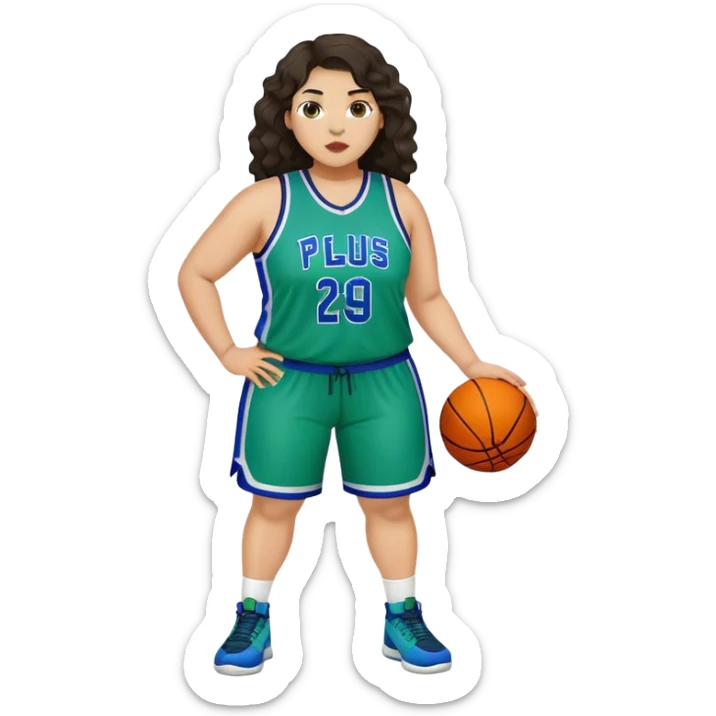 full body plus size light skin latino women basketball player with wavy dark hair large wide nose wearing blue with green uniform sticker