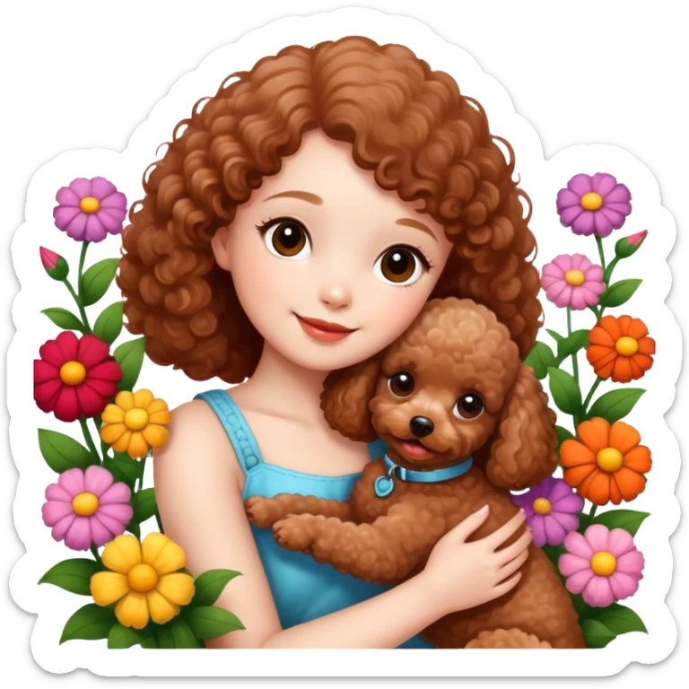 A beautiful girl happily hugs a brown toy  poodle in the flowers sticker