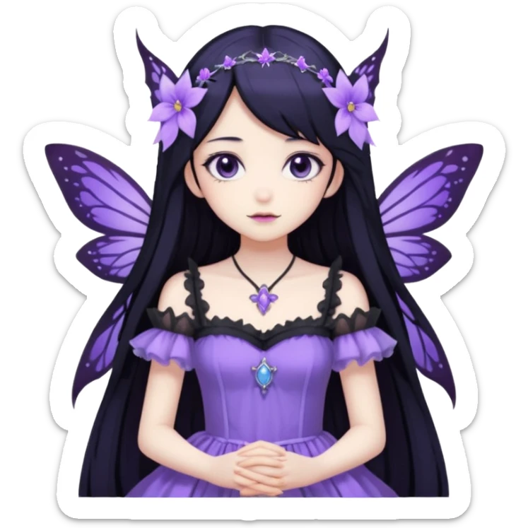 Gothic anime fairy with long beautiful black hair and violet dress, pastelcore, sticker