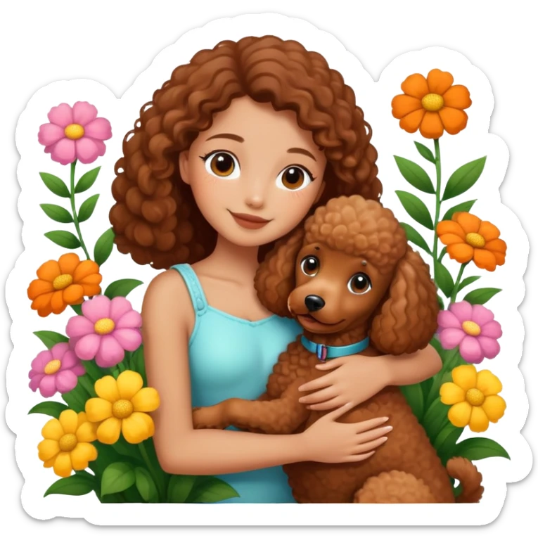 A beautiful girl happily hugs a brown poodle in the flowers sticker