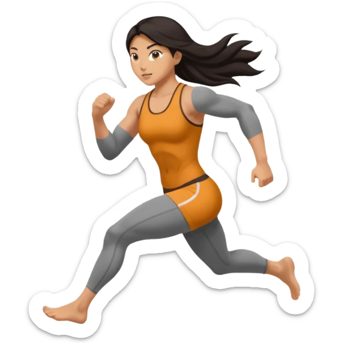 sexy and fully nude, asian muscled girl with long dark hair, running, nude feet sticker