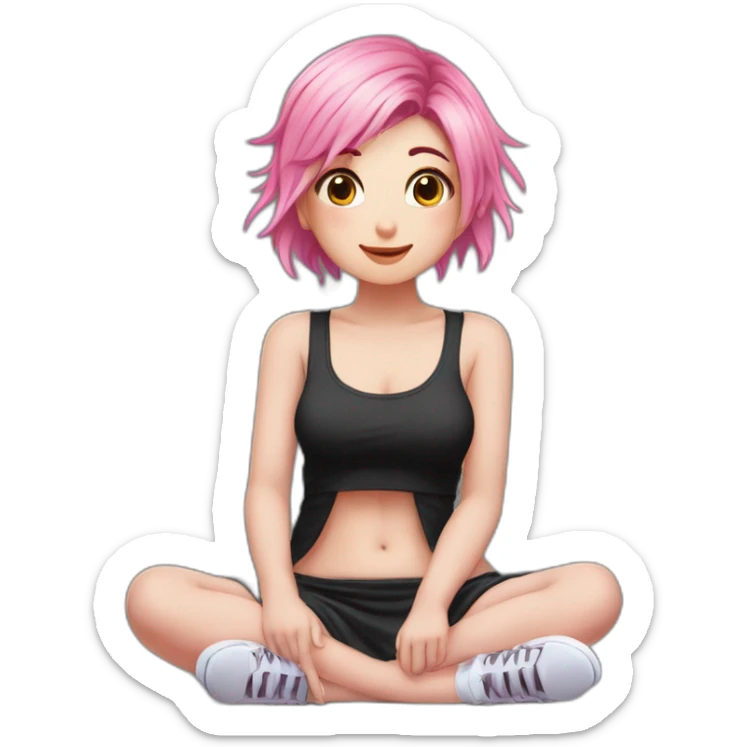 Full body Front view curvy emo girl pink hair sits on the floor straight view hands up black skirt белые трусики полосатые рваные чулки sticker