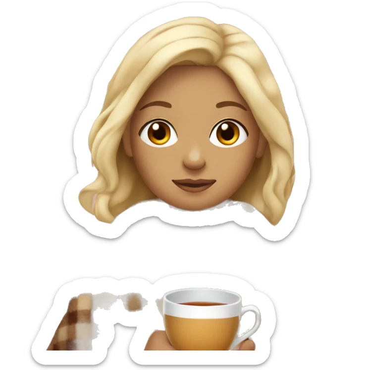Blonde girl with tan skin wearing a blanket with a cup of tea sticker