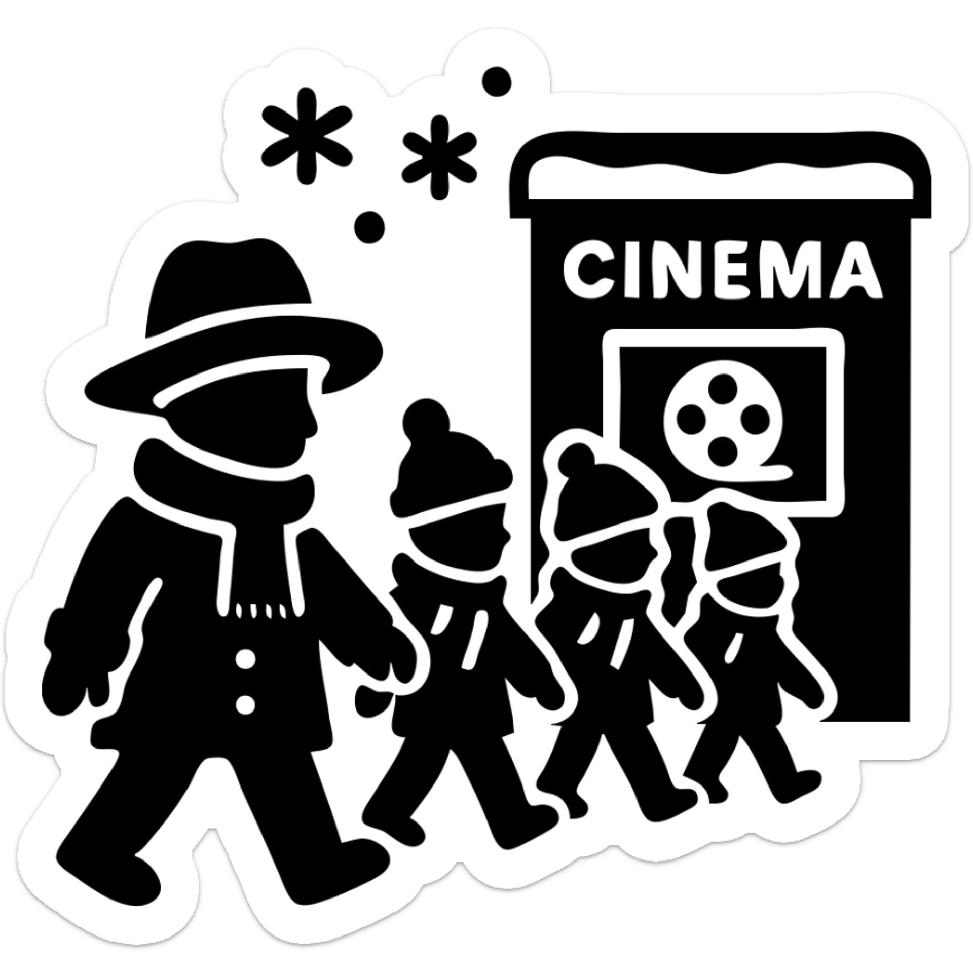 A group of school children walking to a movie theater in winter, inspired by Paddington Bear sticker