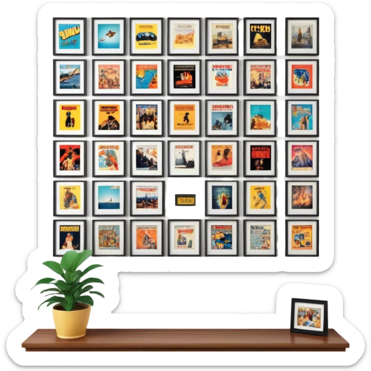 Icon for Photograph and Poster Collecting: a collection of photographs and movie posters, neatly displayed on a wall or in frames. The icon should evoke the nostalgia and artistic value of collecting rare images and posters. Transparent background. sticker
