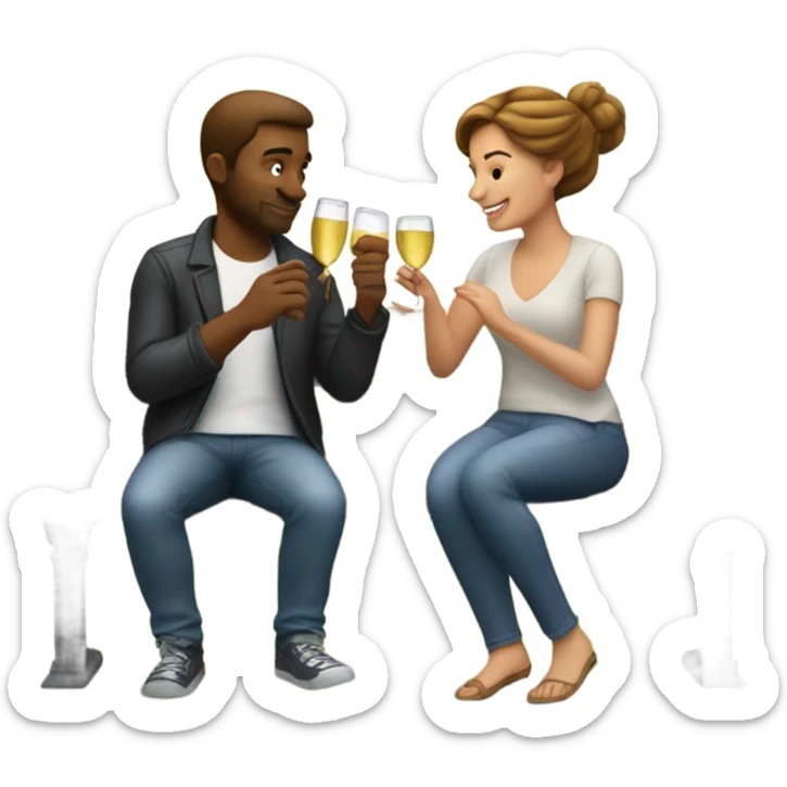 couple of white people with brown hair, sitting closely on a park bench, enjoying a romantic moment. One person is holding a croissant, and the other is holding a glass of Prosecco.  sticker