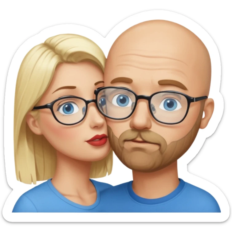 middle age bald man with heavy scruff, blue eyes and glasses.  Kissing blonde woman with blue eyes, the woman does not have glasses on sticker