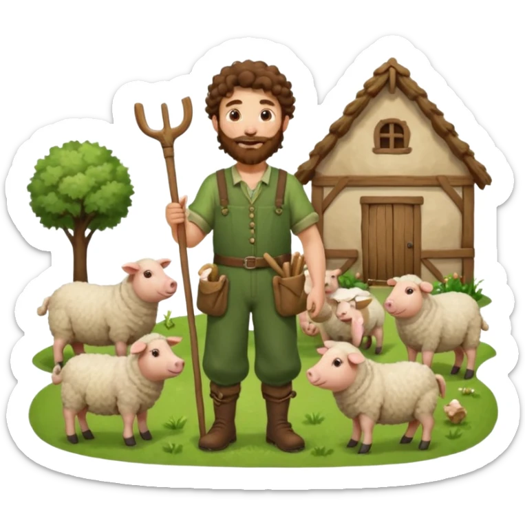 happy shepard with long curly brown beard and long curly brown hair, in green village outfit, with wooden shepard stick in hands, taking care of sheep and pigs sticker