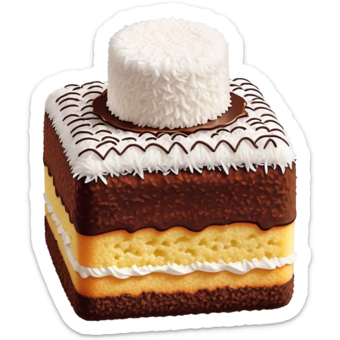 Lamington Cinematic Realistic Lamington Dessert Emoji, depicted as a sponge cake square coated in chocolate and dusted with coconut on all sides, rendered with lifelike textures and vibrant, tropical lighting. sticker