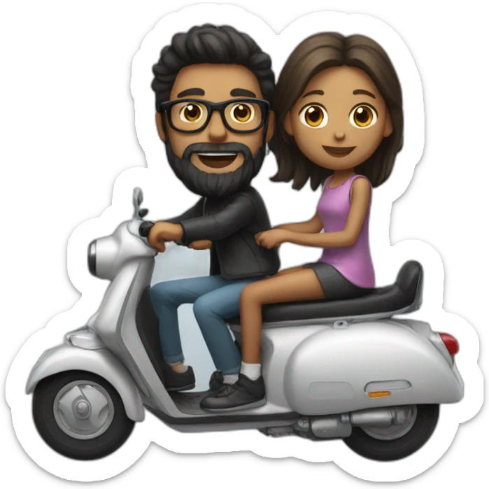 Boy with long hair, beard, and glasses, riding a black scooter with a girl on the back sticker