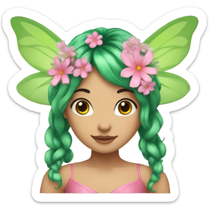 A fairy, green hair, flowers wings, pink dress  sticker
