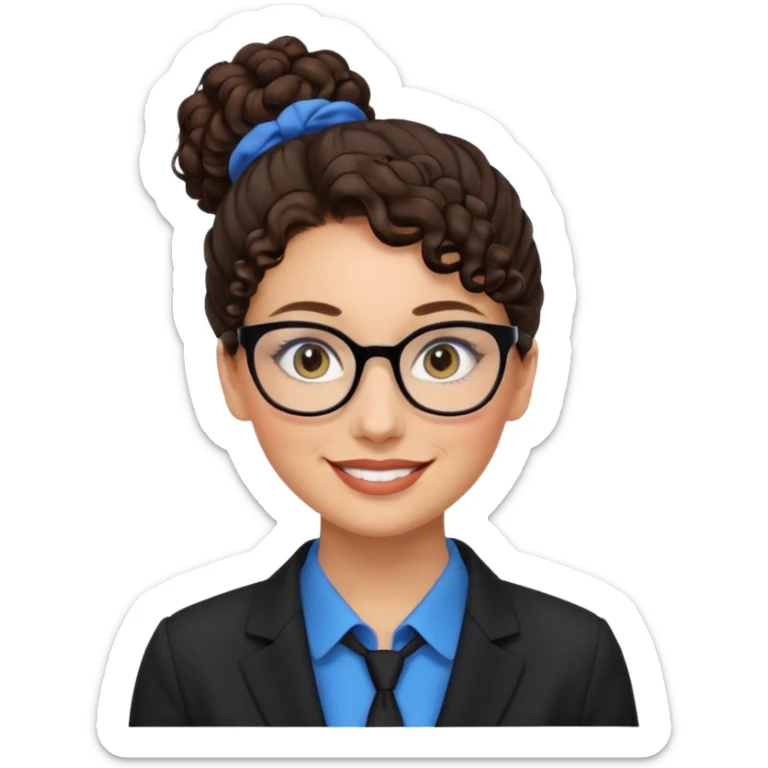 a woman, 30 years old, light skin with dark brown curly hair in a bun with some face framinig pieces. eyeglasses. Black suite on. blue eyes. sticker