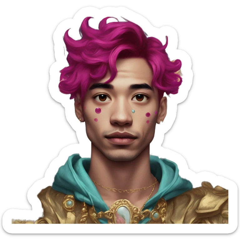 Vintage painting swirls gold jewellery baroque raven wings angel tropical Deep pink maroon burgundy cyan dark hoodie man vitiligo dyed hair gold piercings nose piercing ear piercings sticker