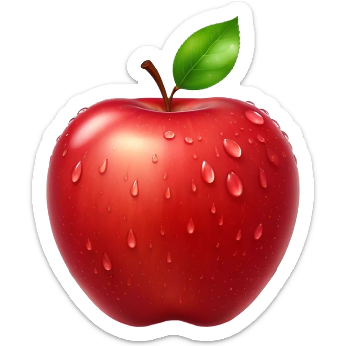 Cinematic crisp, shiny red apples, glistening under soft natural light, perfectly round with tiny water droplets, warm rich hues, highly detailed and fresh. sticker