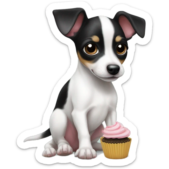 Cute big eyed Black and white rat terrier puppy (no brown) eating a cupcake sticker