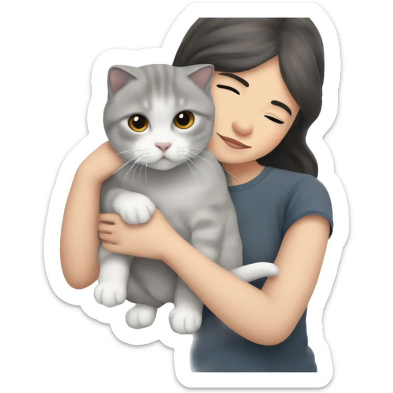 A grey Scottish fold-eared cat in the arms of a girl with white skin and dark hair sticker
