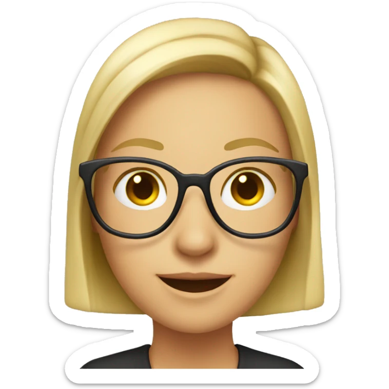 A marketing girl with glasses, just her head, bright, with a smile sticker