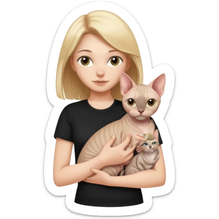 A white girl with light hair in black T-shirt is holding one Sphynx girl cat in her arms sticker