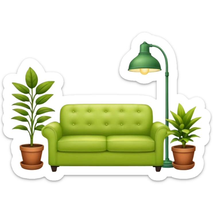 living room in ios emoji style

no TV, and make the couch a light green color

there is a lamp on one side and some plants on the other side sticker