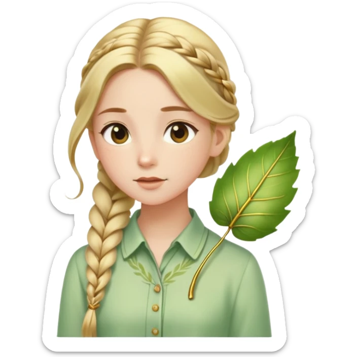  A girl with a long braid, a golden hairpin shaped like a leaf, and a light green blouse, breathing in the spring air. sticker
