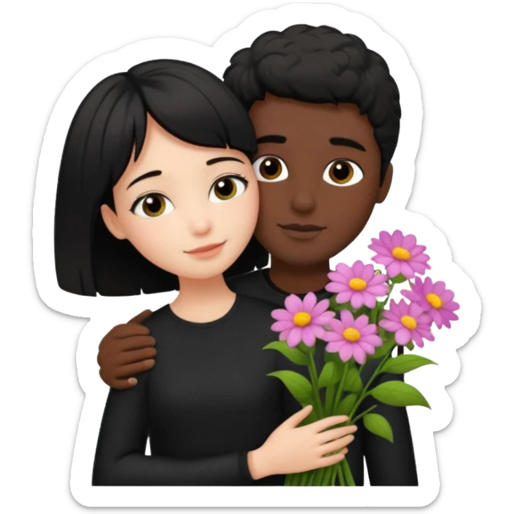 a pretty bratz fair girl with short black shaggy hair with a tall boy hugging her and flowers wearing black  sticker
