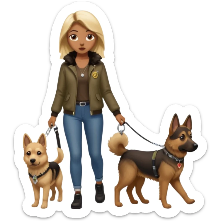 a girl with a brown dark long long hair, she's walking her dog is a german shepard. And girl's outfit is very aesthetic sticker