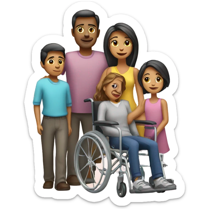 Family with 4, father, mother, girl in wheelchair, girl sticker