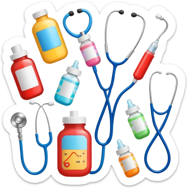 stethescope, heel lancet, medication, baby blood tubes, monitoring cables, baby bottle, cute scrapbooking paper,  sticker
