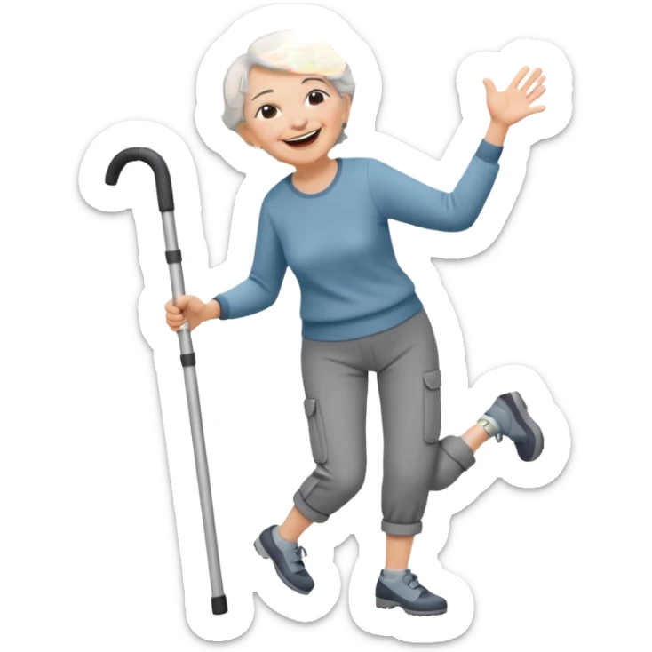 old woman with short hair, dressed with pants, langhing and dancing with crutches sticker