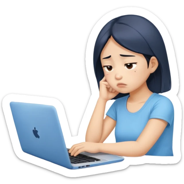 Create an emoji of a tired girl of Asian descent in a baby blue top, sitting at a laptop, looking exhausted and frustrated. They have slouched posture, representing overwork and burnout. sticker