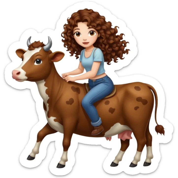 cute woman long curly brown hair tattoos riding gentle cow sticker