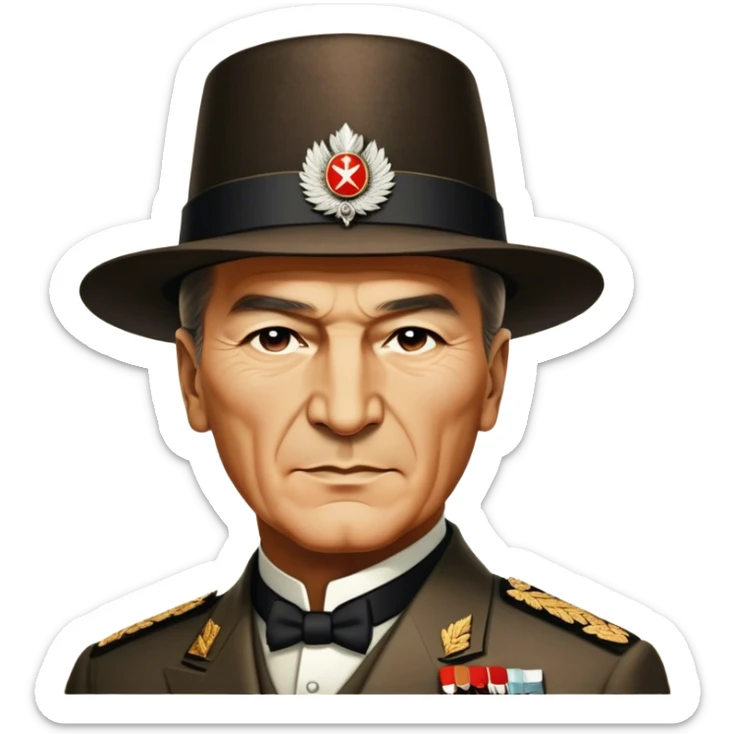Mustafa Kemal Atatürk (statesman) in traditional hat – Cinematic Realistic Portrait of Mustafa Kemal Atatürk, depicted in dignified traditional attire with a distinctive hat, a resolute and visionary expression illuminated by warm, historic lighting, rendered with rich textures that evoke his transformative leadership. sticker