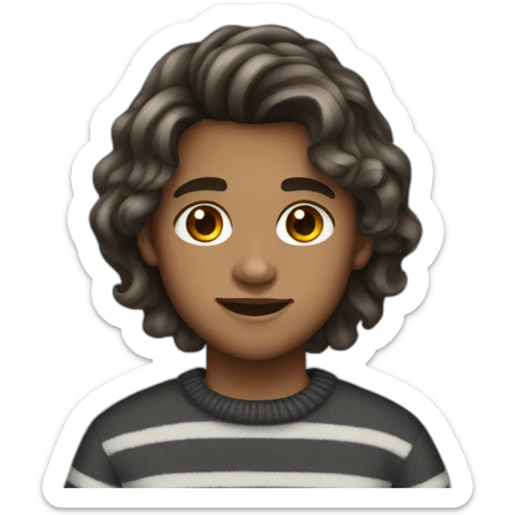 teenager boy brown long wavy hair and dark gray striped sweater sticker