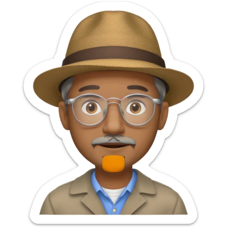 Brown man with wide rimmed hat no hair, but gray goatee, clear glasses and slightly smiling sticker