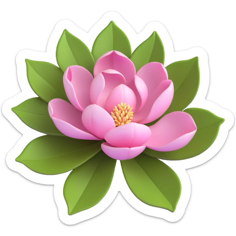 3D icon of a magnolia blossom, pink-tinted petals, glossy green leaves, modern look sticker