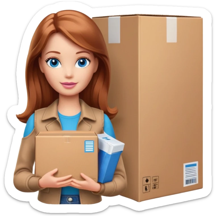 Barbie with shoulder-length reddish-brown hair in brown clothes holds a package box, blue eyes sticker