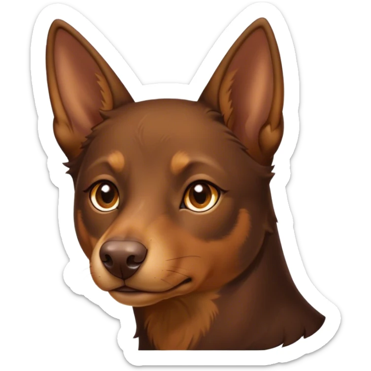 Cinematic Noble Brown and Tan Kelpie Portrait Emoji, Poised and regal, with a strong, agile build and a rich, well-groomed Fur of warm brown and tan, piercing warm eyes, Simplified yet sharp and sophisticated features, highly detailed, glowing with a soft, dignified glow, high shine, intelligent and energetic, stylized with an air of determination, focused and attentive, soft glowing outline, capturing the essence of a watchful and confident herder, so majestic it feels as though it could bound out of the screen with effortless authority! sticker